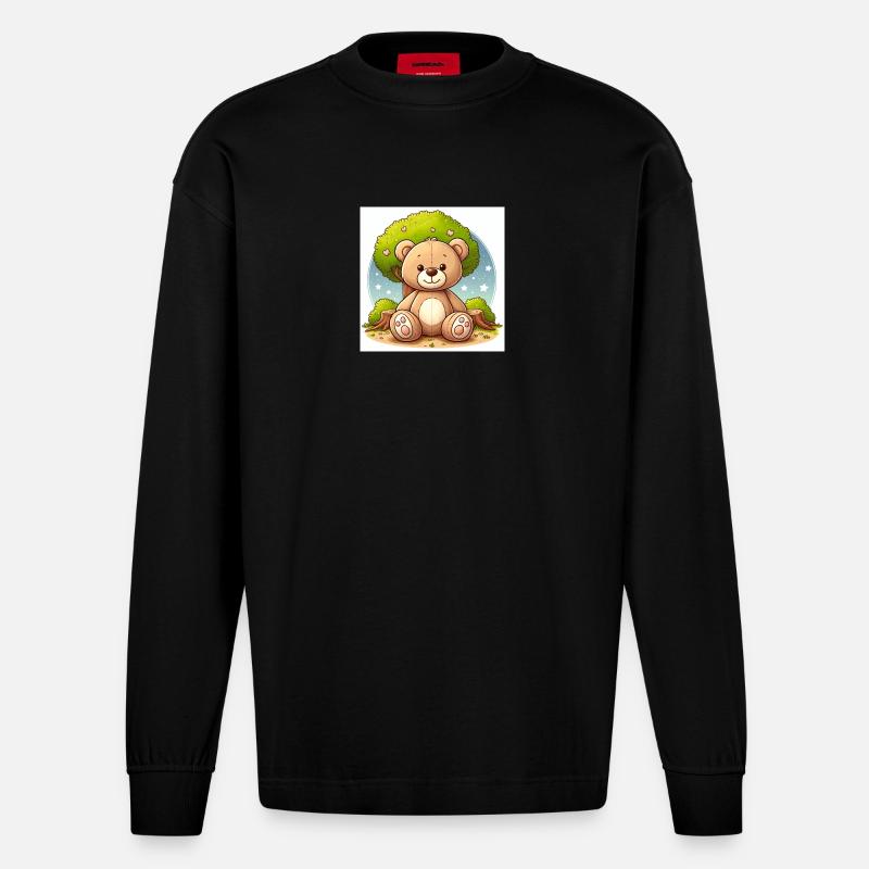 Teddybär vor einem Baum - Heavyweight Oversized Organic Langarmshirt Made in EU - SOLID BLACK