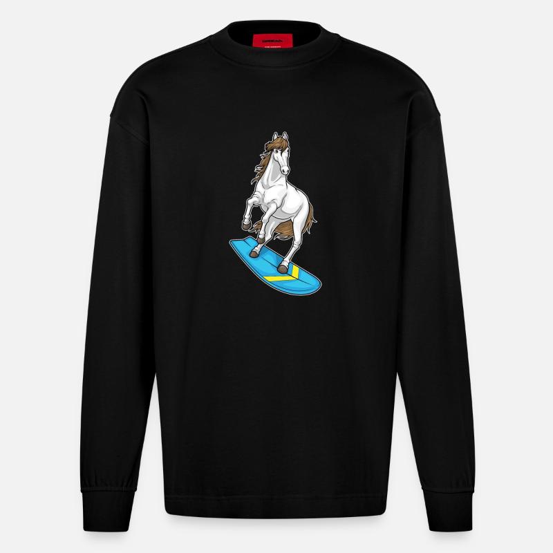 Pferd Surfer Surfbrett - Heavyweight Oversized Organic Langarmshirt Made in EU - SOLID BLACK