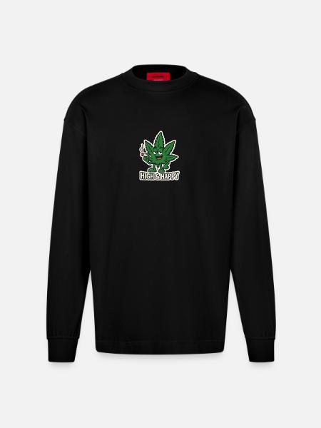 Leafy High & Happy Cartoon - Heavyweight Oversized Organic Longsleeve Shirt Made in EU - SOLID BLACK