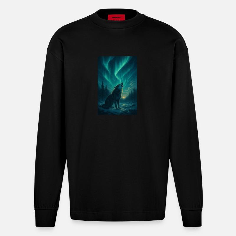 Wolf unter Polarlichtern - Heavyweight Oversized Organic Langarmshirt Made in EU - SOLID BLACK