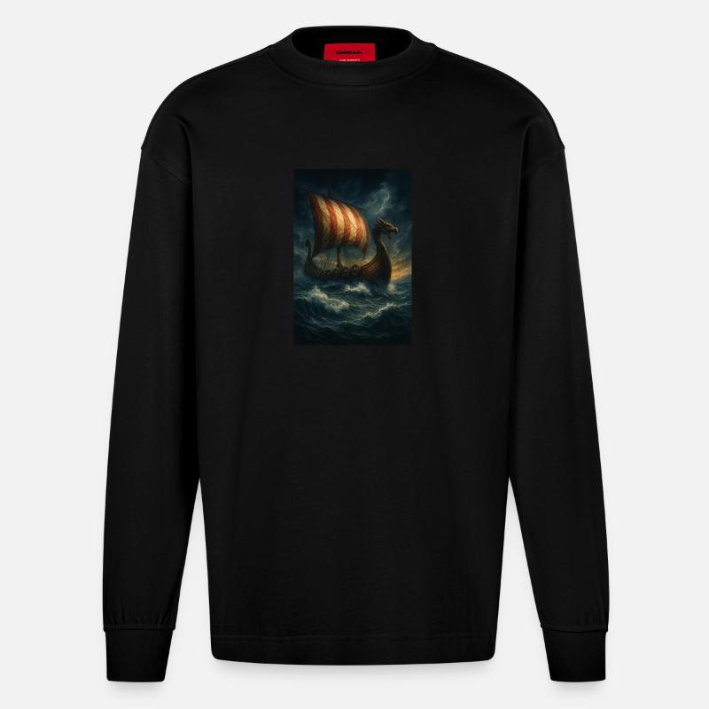 Wikinger-Schiff im Sturm - Heavyweight Oversized Organic Langarmshirt Made in EU - SOLID BLACK