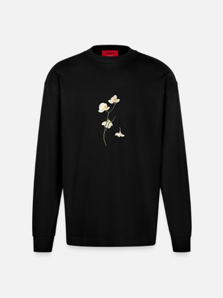 Elegant White Orchid Flower - Heavyweight Oversized Organic Longsleeve Shirt Made in EU - SOLID BLACK