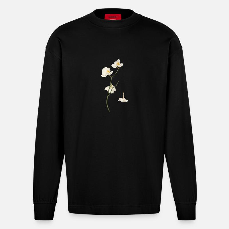 Elegante weiße Orchideenblüte - Heavyweight Oversized Organic Langarmshirt Made in EU - SOLID BLACK