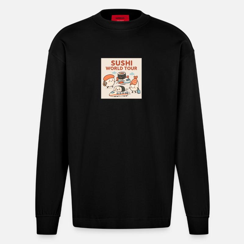 Sushi Reise Illustration - Heavyweight Oversized Organic Langarmshirt Made in EU - SOLID BLACK