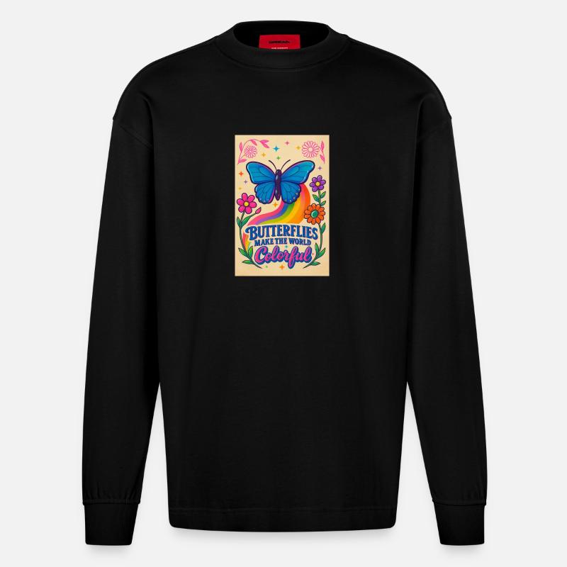 Papillon Couleur Monde Motif - Manches longues bio épais oversize fabriqué en UE - SOLID BLACK