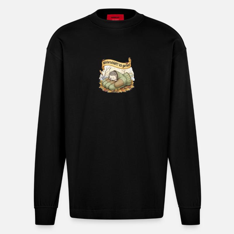 Igel schläft in Gartenhandschuh "Winterschläft? Ic - Heavyweight Oversized Organic Langarmshirt Made in EU - SOLID BLACK