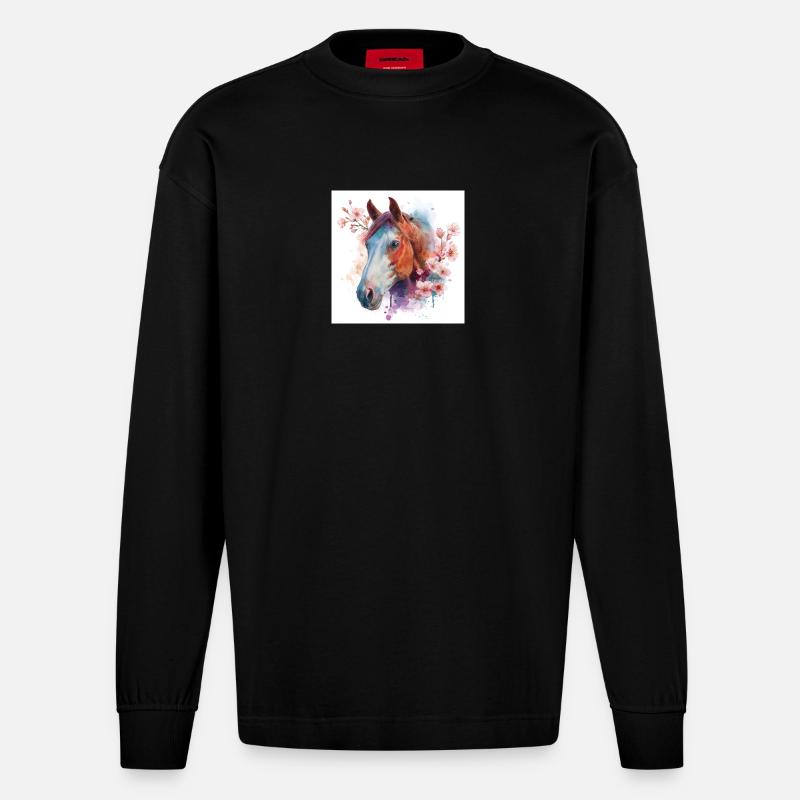 Aquarell Pferd und Blüten - Heavyweight Oversized Organic Langarmshirt Made in EU - SOLID BLACK