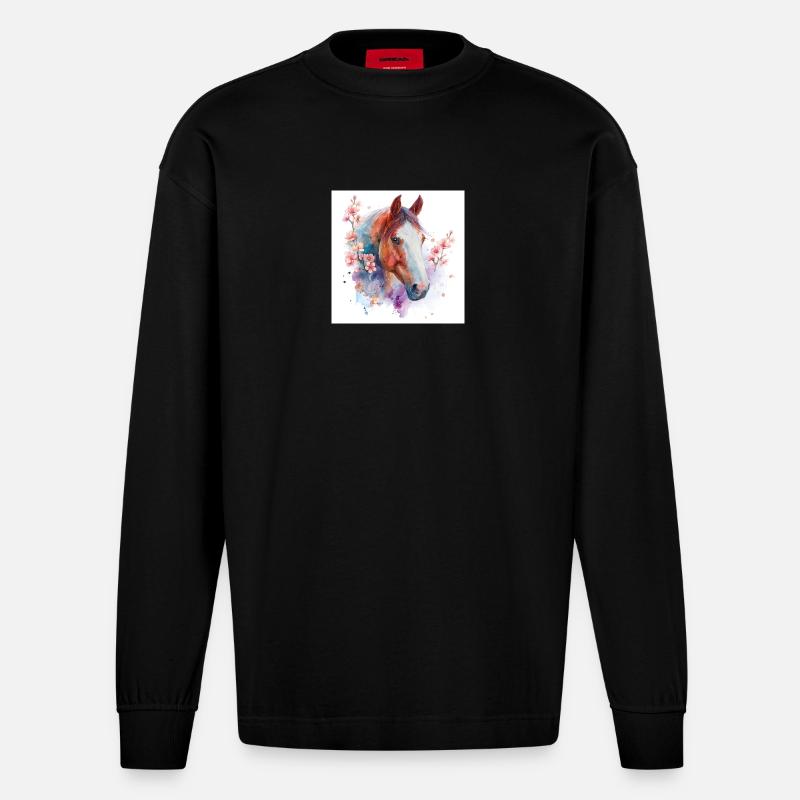 Aquarelle Cheval et Fleurs - Manches longues bio épais oversize fabriqué en UE - SOLID BLACK