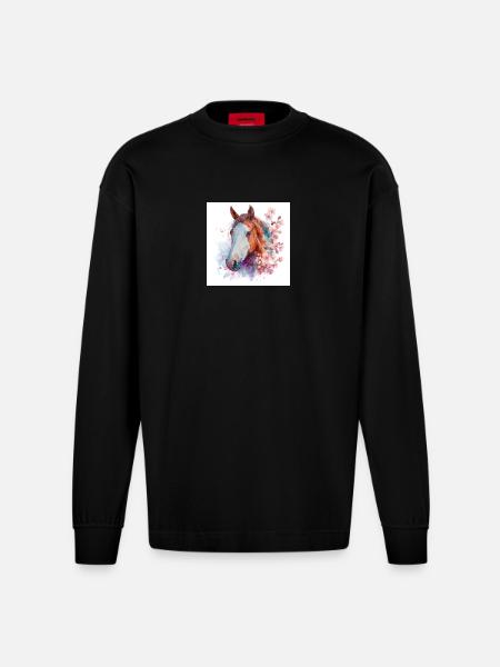 Aquarell Pferde- und Kirschblüten - Heavyweight Oversized Organic Langarmshirt Made in EU - SOLID BLACK