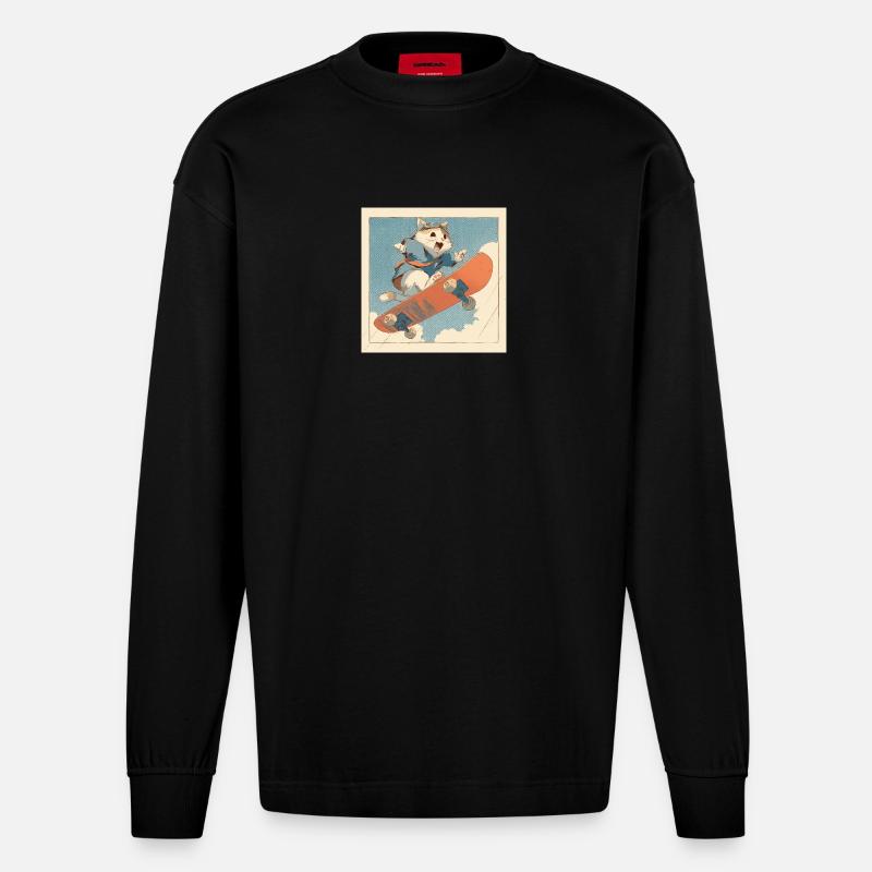 Retro-Katzen-Skateboarder im Flug - Heavyweight Oversized Organic Langarmshirt Made in EU - SOLID BLACK