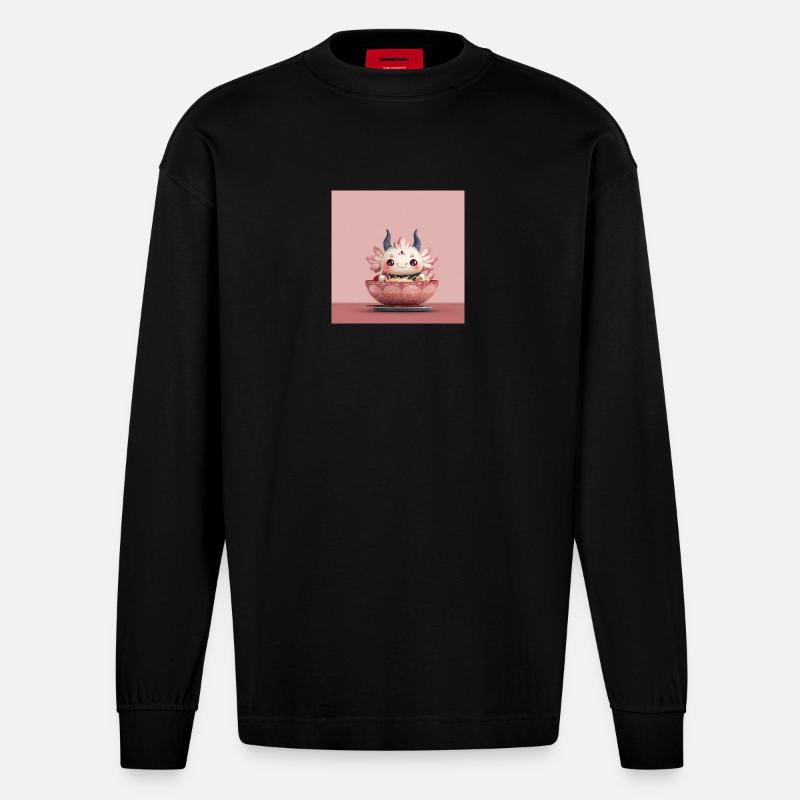Kawaii Blüten-Dumpling Bowl Drache  - Heavyweight Oversized Organic Langarmshirt Made in EU - SOLID BLACK
