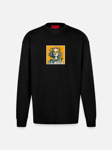 Power! Girl! Sunflower! - Heavyweight Oversized Organic Longsleeve Shirt Made in EU - SOLID BLACK
