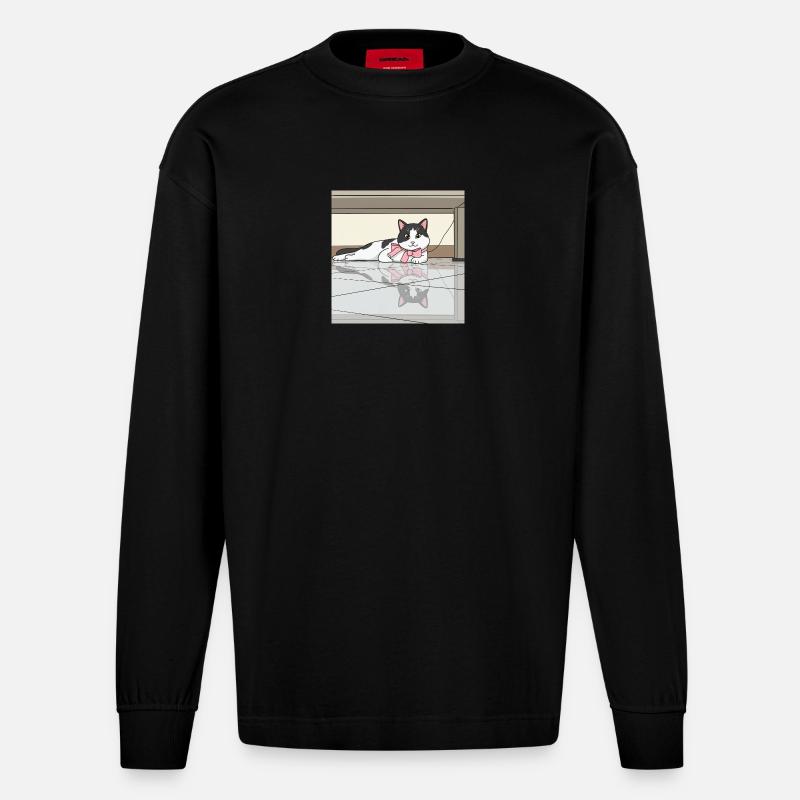 Chat avec reflet de nœud rose - Manches longues bio épais oversize fabriqué en UE - SOLID BLACK