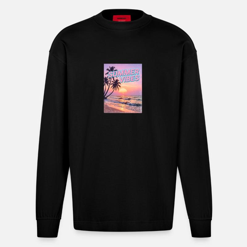 Sommervibes Retro Sunset Beach - Heavyweight Oversized Organic Langarmshirt Made in EU - SOLID BLACK