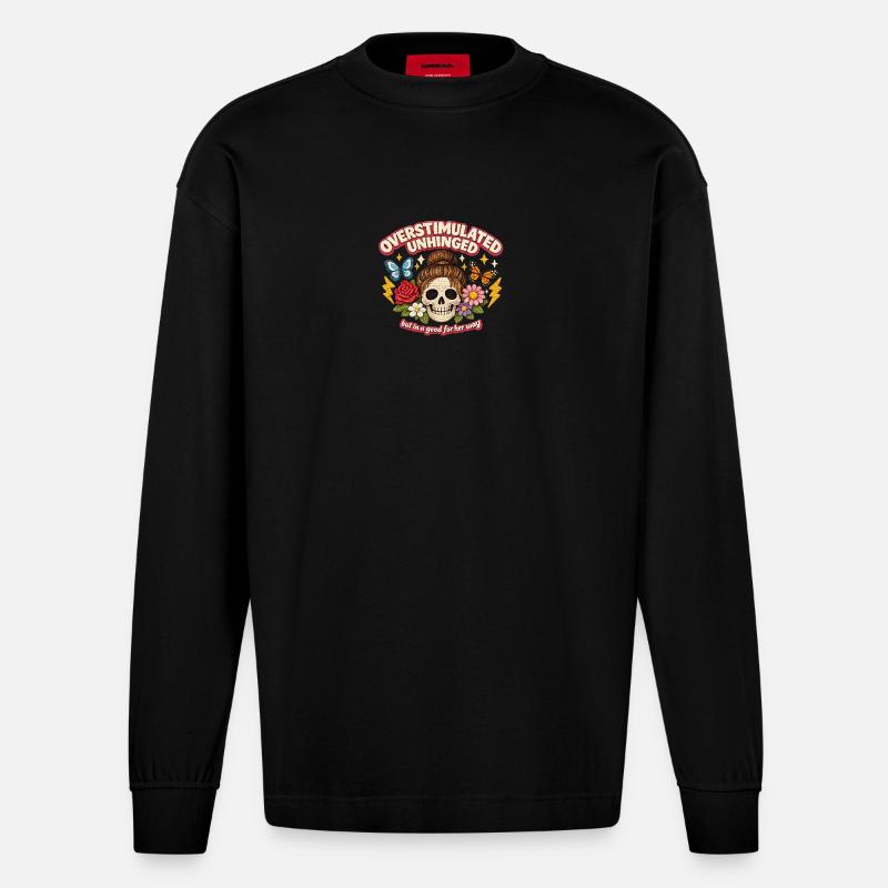 Overstimulated Unhinged Skull Patch Gift - Heavyweight Oversized Organic Longsleeve Shirt Made in EU - SOLID BLACK
