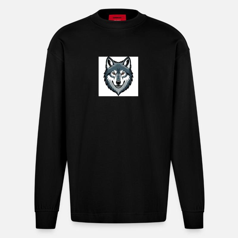 Wolf Head – stylized illustration - Heavyweight Oversized Organic Longsleeve Shirt Made in EU - SOLID BLACK