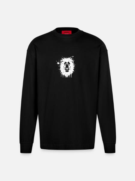 Lion in White Ink Drops - Heavyweight Oversized Organic Longsleeve Shirt Made in EU - SOLID BLACK