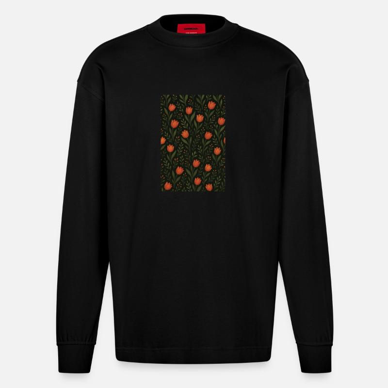 Tulpen Muster - Heavyweight Oversized Organic Langarmshirt Made in EU - SOLID BLACK