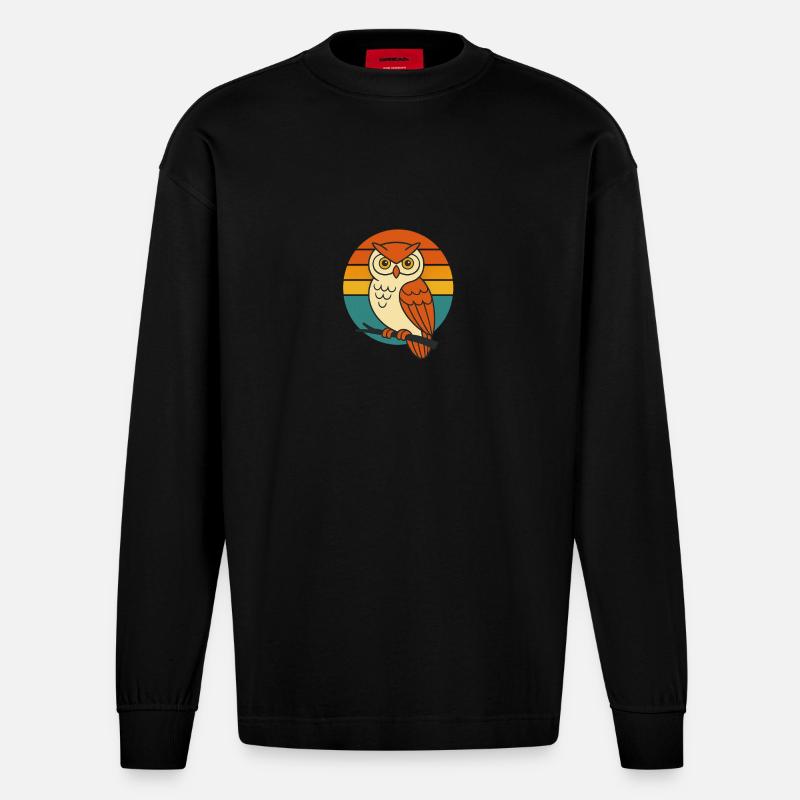 Wise Vibes – Retro Owl Magic - Heavyweight Oversized Organic Langarmshirt Made in EU - SOLID BLACK