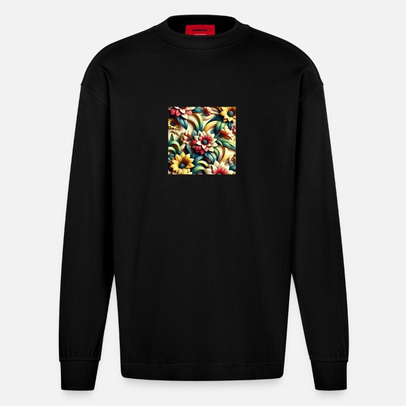 Blumenmuster 3D Effekt - Heavyweight Oversized Organic Langarmshirt Made in EU - SOLID BLACK