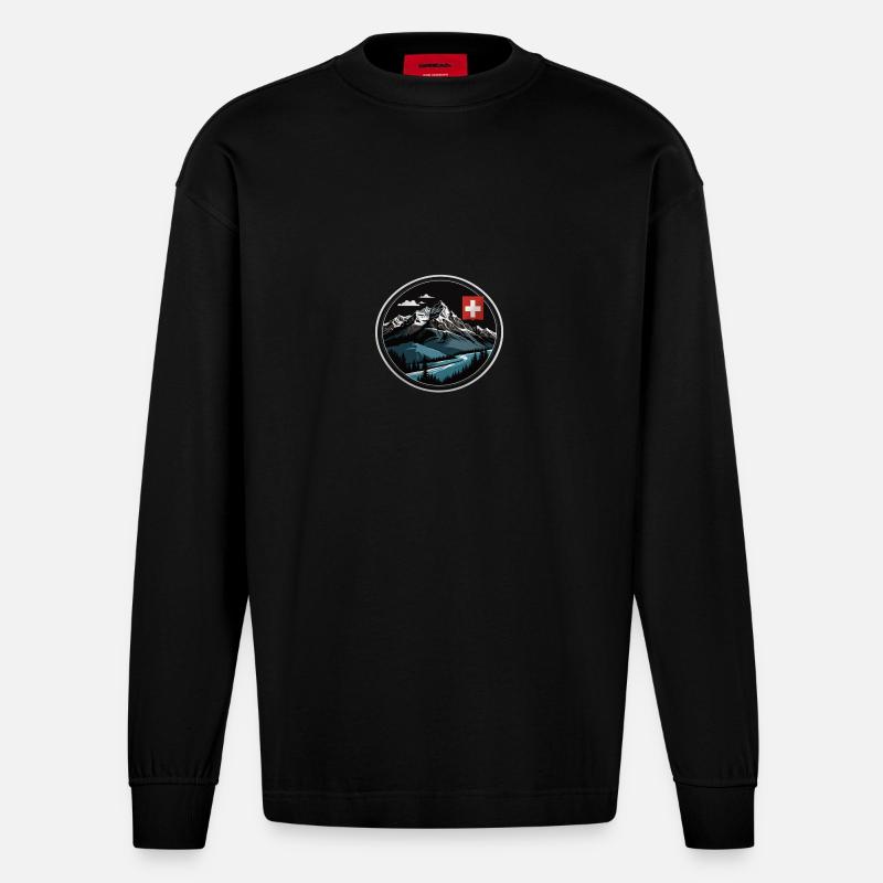 Schweizer Berge - Heavyweight Oversized Organic Langarmshirt Made in EU - SOLID BLACK