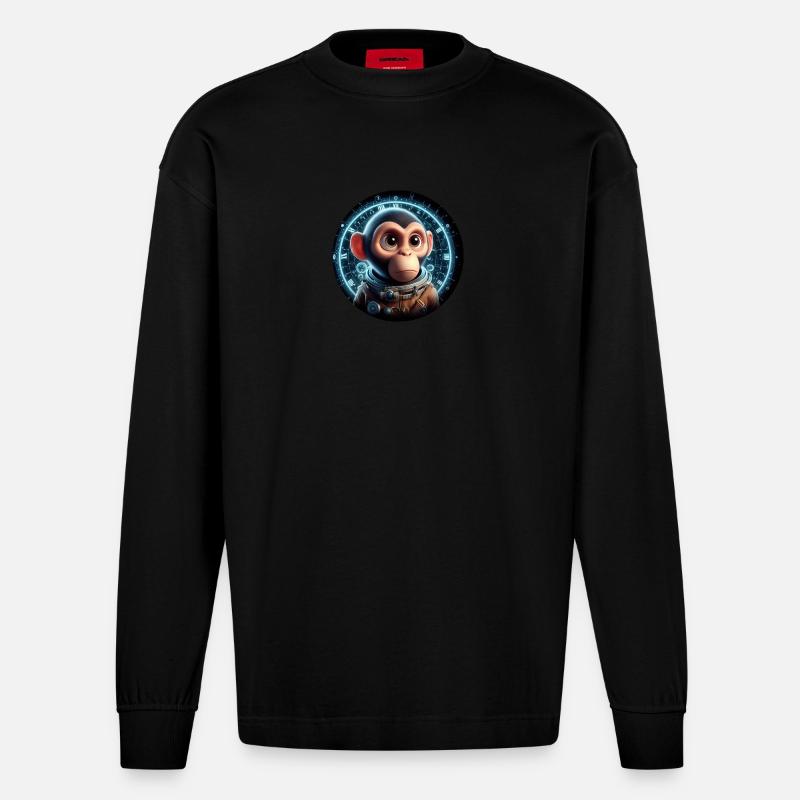 Singe en astronaute dans l’espace - Manches longues bio épais oversize fabriqué en UE - SOLID BLACK