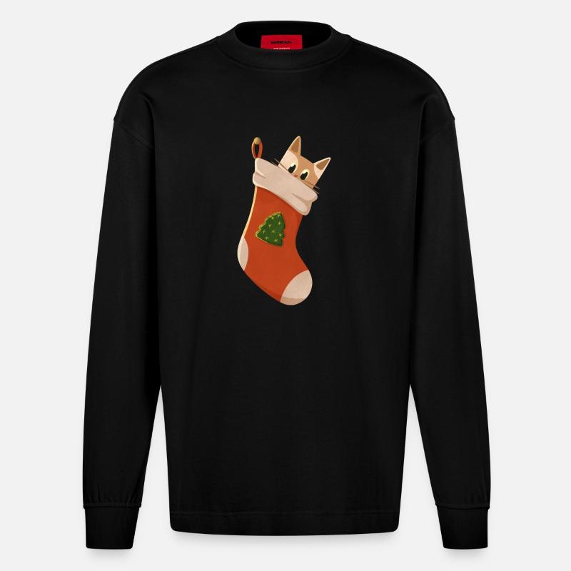 Chat en bas de Noël - Manches longues bio épais oversize fabriqué en UE - SOLID BLACK