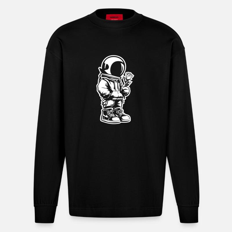 Enfant de l’espace avec rose - Manches longues bio épais oversize fabriqué en UE - SOLID BLACK