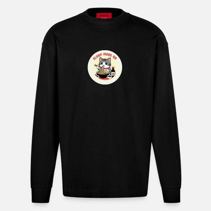 Chaton mangeant Ramen Mode Slurp - Manches longues bio épais oversize fabriqué en UE - SOLID BLACK