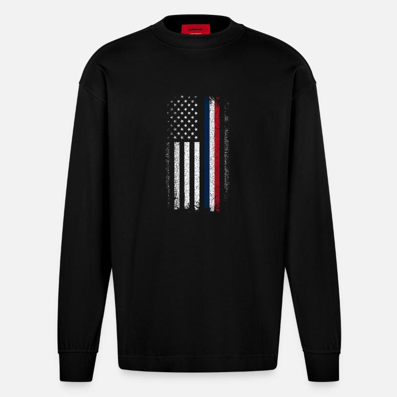 Drapeau en difficulté : Ligne bleue-rouge - Manches longues bio épais oversize fabriqué en UE - SOLID BLACK