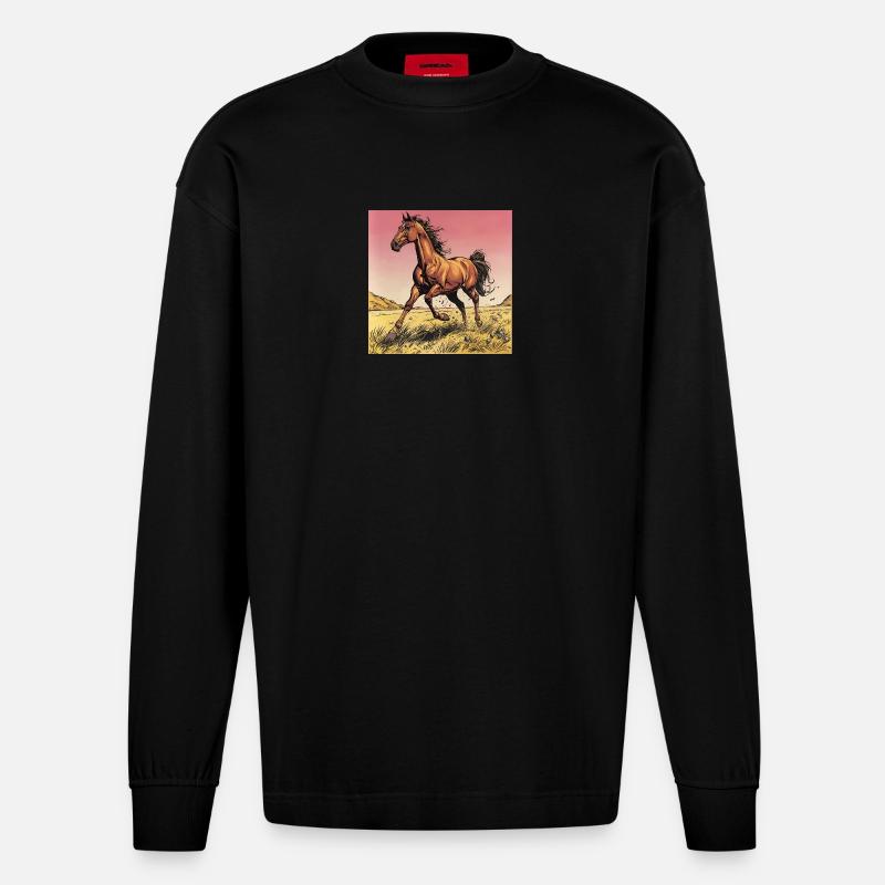 Dynamischer Wildpferd-Print - Heavyweight Oversized Organic Langarmshirt Made in EU - SOLID BLACK