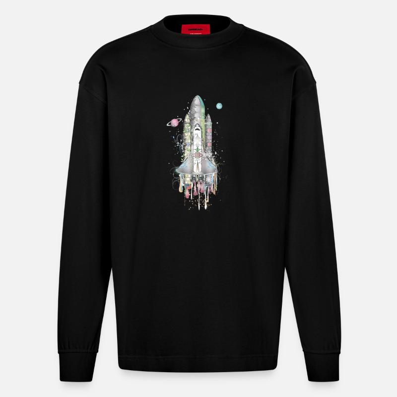Imaginative Space Shuttle - Artfully Designed - Heavyweight Oversized Organic Longsleeve Shirt Made in EU - SOLID BLACK