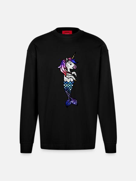 Kosmisches Meeres-Einhorn - Heavyweight Oversized Organic Langarmshirt Made in EU - SOLID BLACK