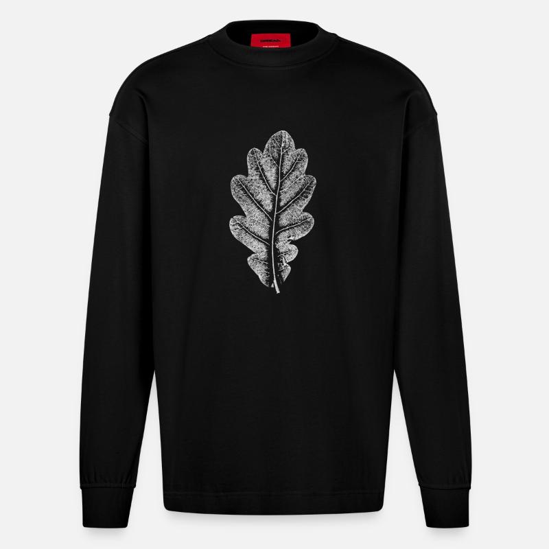 Blatt EICHE / Eichenblatt WEISS - Heavyweight Oversized Organic Langarmshirt Made in EU - SOLID BLACK