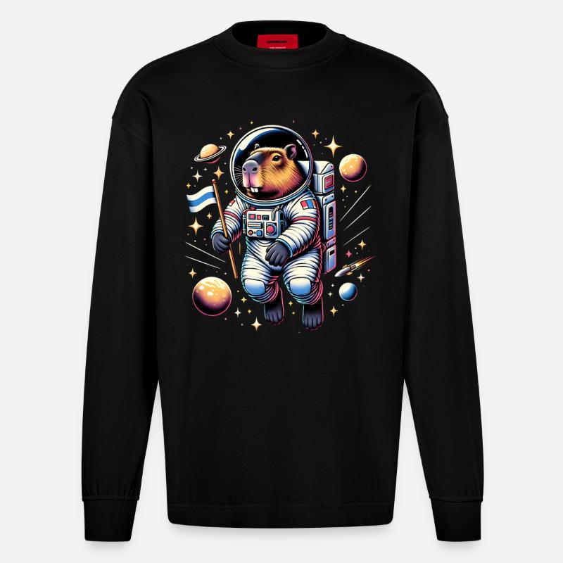 Capybaras Mignon Capybara Astronaute - Manches longues bio épais oversize fabriqué en UE - SOLID BLACK