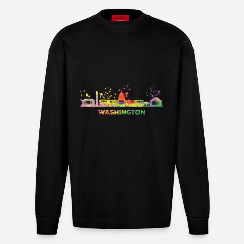 Washingtoner Skyline Washington - Heavyweight Oversized Organic Langarmshirt Made in EU - SOLID BLACK