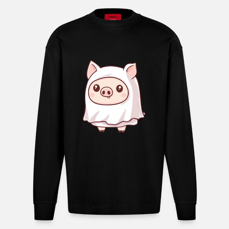 Schwein Halloween Comic Geist - Heavyweight Oversized Organic Langarmshirt Made in EU - SOLID BLACK
