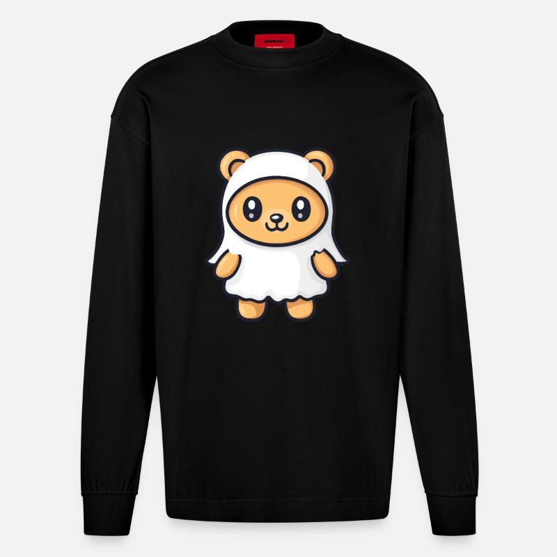 Bear Halloween Comic Ghost - Heavyweight Oversized Organic Longsleeve Shirt Made in EU - SOLID BLACK