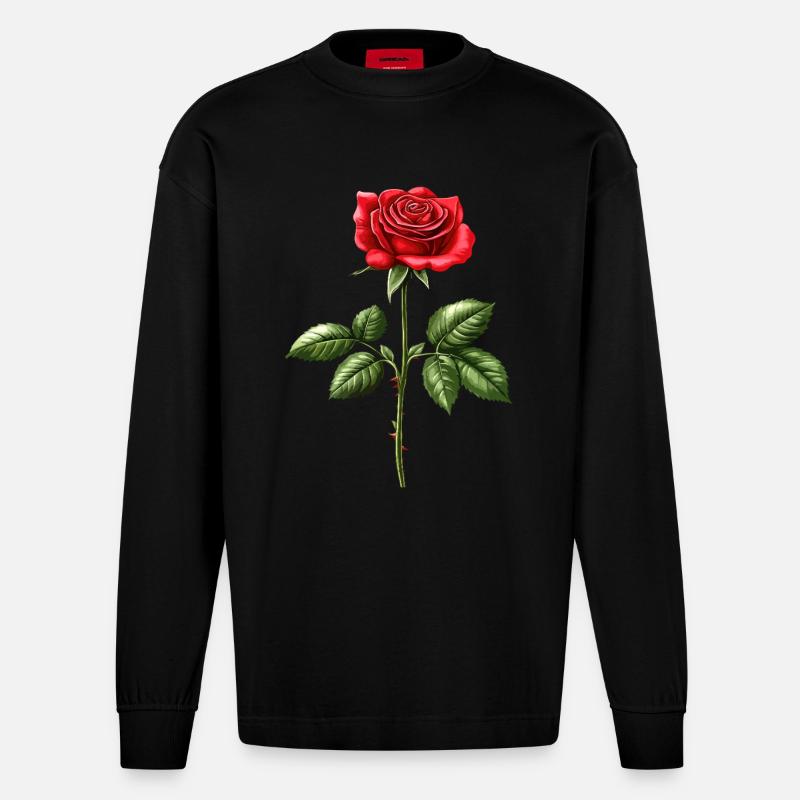 Rose Fleur Amour Saint Valentin - Manches longues bio épais oversize fabriqué en UE - SOLID BLACK