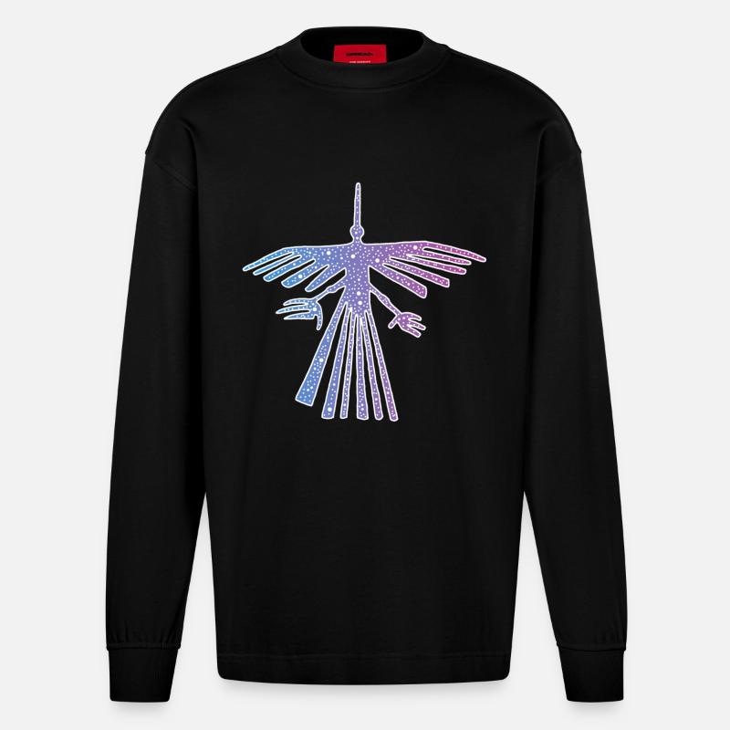 Vogel von Nazca - Heavyweight Oversized Organic Langarmshirt Made in EU - SOLID BLACK