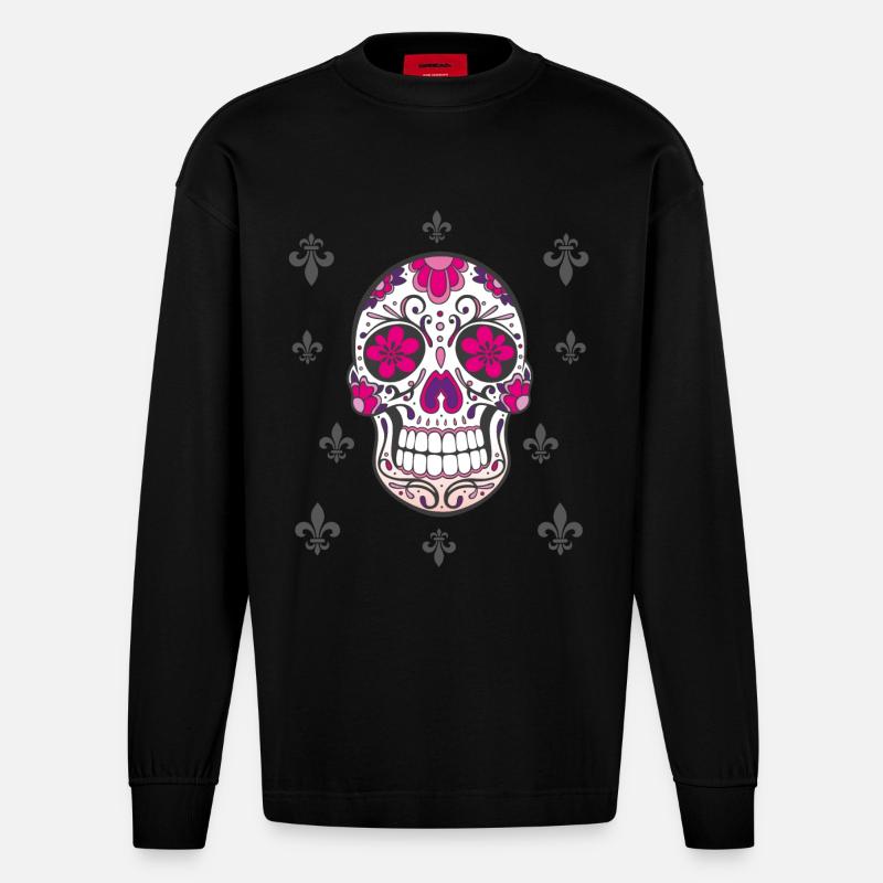 Sugar Skull Fleur De Lis - Heavyweight Oversized Organic Langarmshirt Made in EU - SOLID BLACK