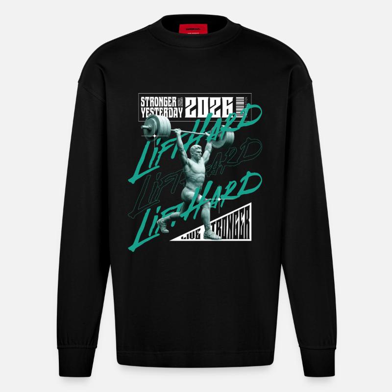 Gewichtheber-Mann, lila-rosa Lichtversion - Heavyweight Oversized Organic Langarmshirt Made in EU - SOLID BLACK