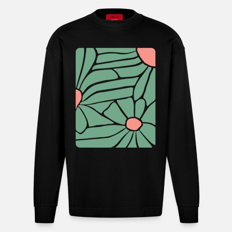 Abstract Floral Boho - Heavyweight Oversized Organic Langarmshirt Made in EU - SOLID BLACK