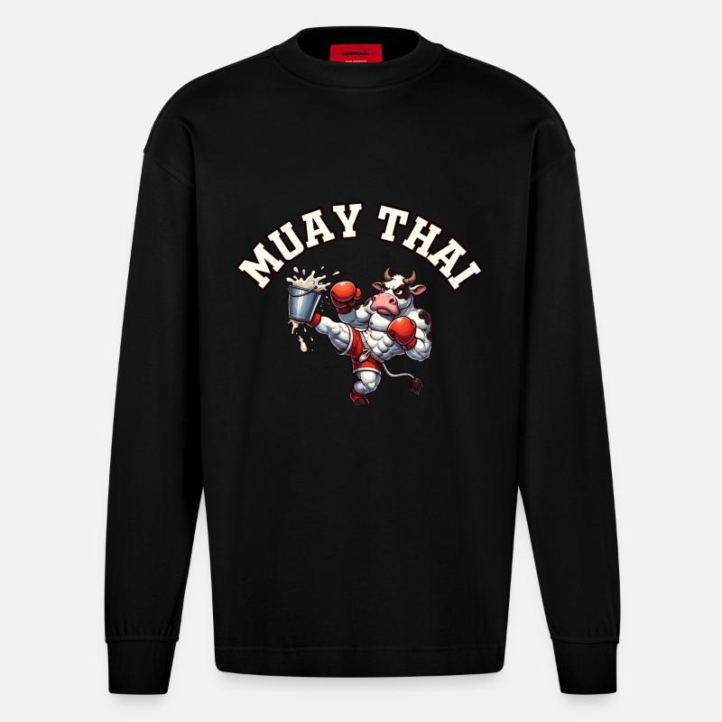 Muay Thai Kuh - Heavyweight Oversized Organic Langarmshirt Made in EU - SOLID BLACK