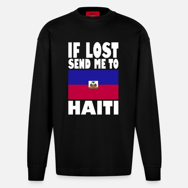 Slogan du drapeau d’Haïti - Manches longues bio épais oversize fabriqué en UE - SOLID BLACK