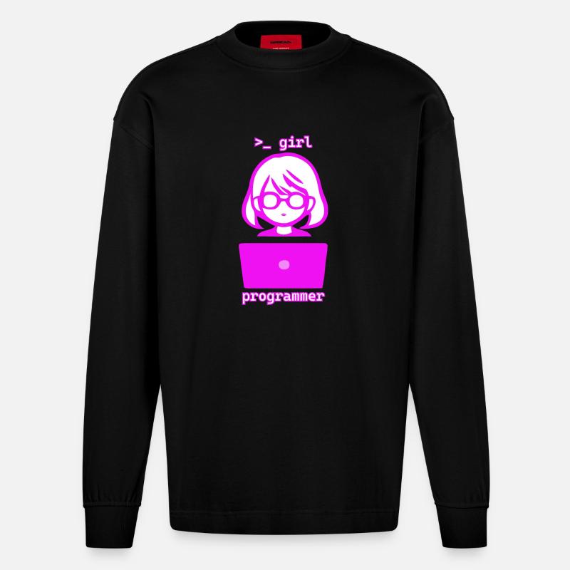 Frau mit Computer girl programmer - Heavyweight Oversized Organic Langarmshirt Made in EU - SOLID BLACK