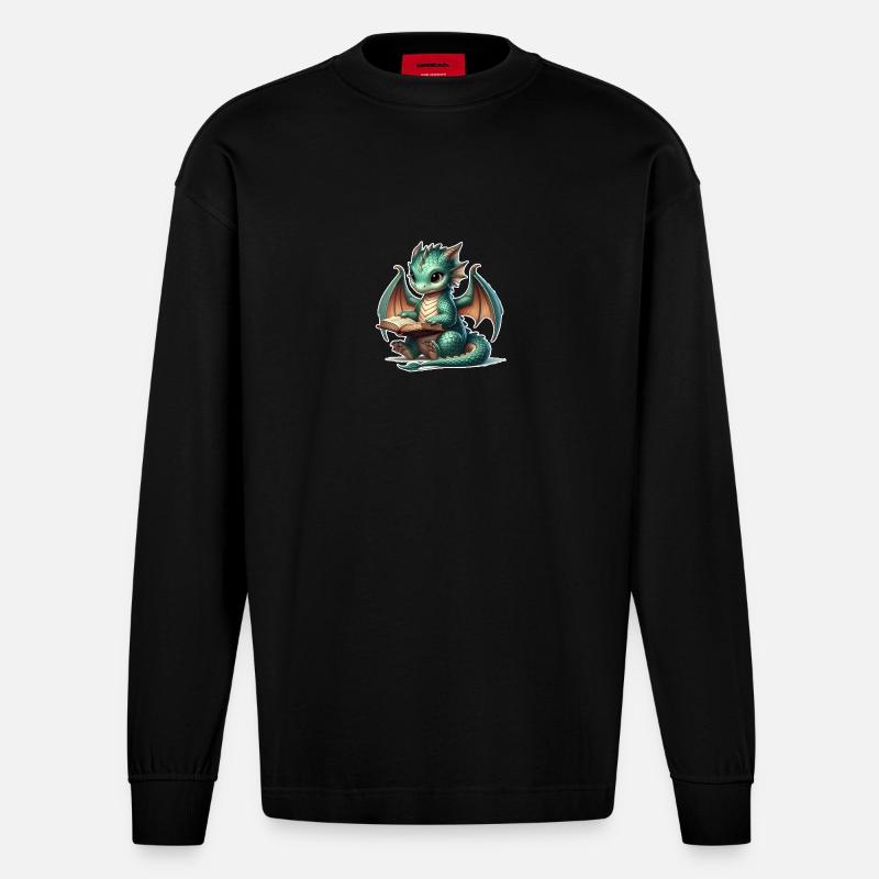 Drache liest Buch - Heavyweight Oversized Organic Langarmshirt Made in EU - SOLID BLACK