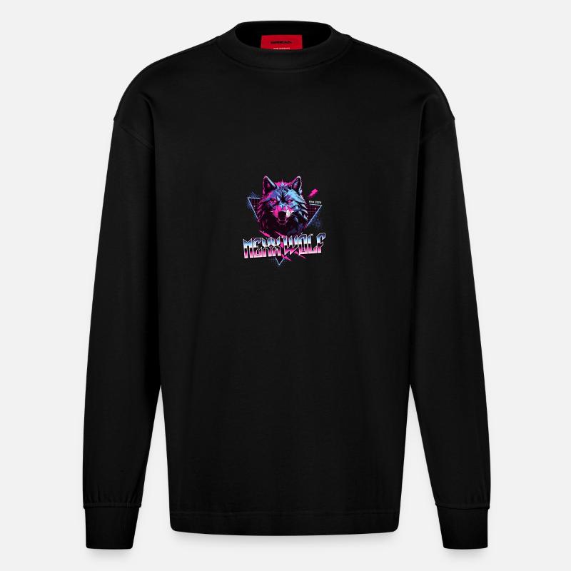 Mexx Wolf Retro Design - Heavyweight Oversized Organic Langarmshirt Made in EU - SOLID BLACK