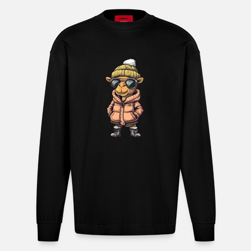Kamel Cool Comic - Heavyweight Oversized Organic Langarmshirt Made in EU - SOLID BLACK