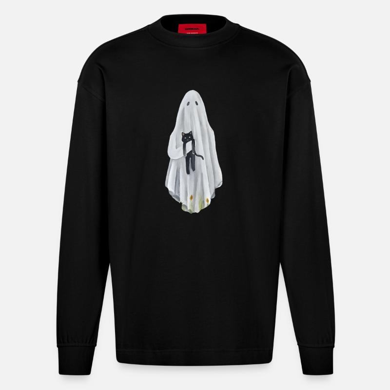 Geist mit Katze - Heavyweight Oversized Organic Langarmshirt Made in EU - SOLID BLACK